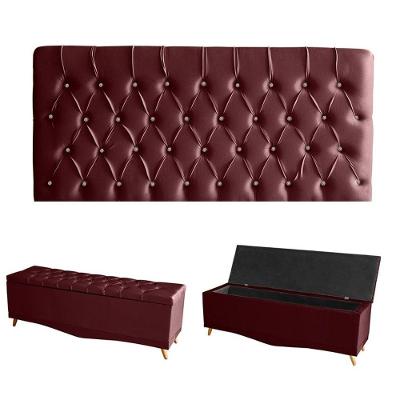 Kit Estrela Cabeceira De Cama Painel E Calçadeira Baú Botão Cristal Casal 140 Cm Suede Bordo Do Lar Móveis E Decoração