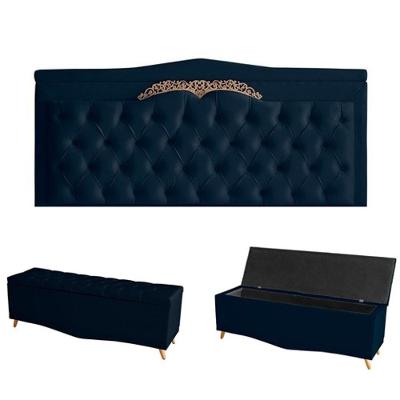 Kit Barcelona Cabeceira De Cama Painel E Calçadeira Baú Casal 140 Cm Suede Azul Marinho Do Lar Móveis E Decoração