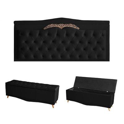 Kit Barcelona Cabeceira De Cama Painel E Calçadeira Baú Casal 140 Cm Suede Preto Do Lar Móveis E Decoração