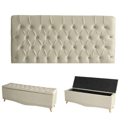 Kit Estrela Cabeceira De Cama Painel E Calçadeira Baú Botão Cristal Casal 140 Cm Suede Porcelana Do Lar Móveis E Decora