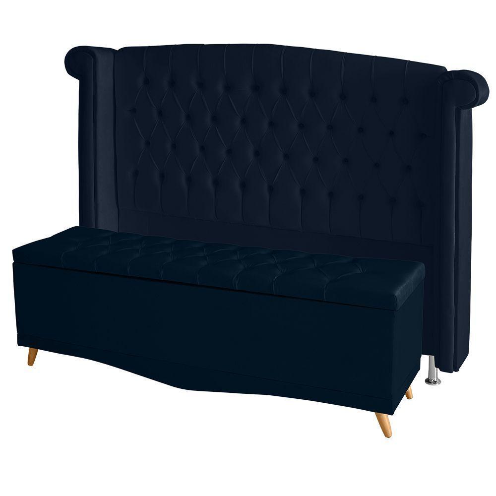Kit Cabeceira De Cama Box E Calçadeira Baú Luxo Casal 140 Cm Suede Azul Marinho Do Lar Móveis - 1