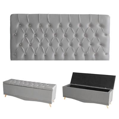 Kit Estrela Cabeceira De Cama Painel E Calçadeira Baú Botão Cristal Casal 140 Cm Suede Prata Do Lar Móveis E Decoração