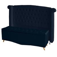 Kit Cabeceira De Cama Box E Calçadeira Baú Luxo Queen 160 Cm Suede Azul Marinho Do Lar Móveis - 1