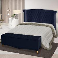Kit Cabeceira De Cama Box E Calçadeira Baú Luxo Queen 160 Cm Suede Azul Marinho Do Lar Móveis - 2