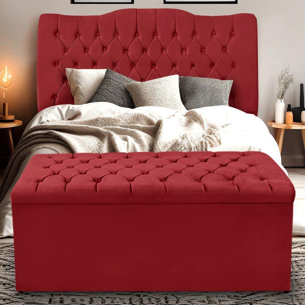Kit Cabeceira E Calçadeira Baú Dunas Casal 140 Cm - Veludo Vermelho - 1