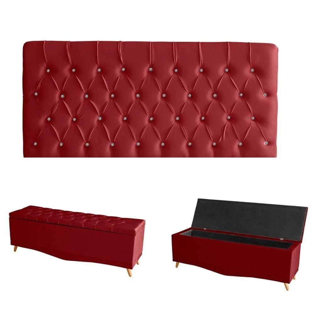 Kit Estrela Cabeceira De Cama Painel E Calçadeira Baú Botão Cristal Casal 140 Cm Suede Vermelho Do Lar Móveis E Decoraç - 1