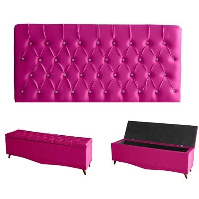Kit Estrela Cabeceira De Cama Painel E Calçadeira Baú Botão Cristal Casal 140 Cm Suede Rosa Pink Do Lar Móveis