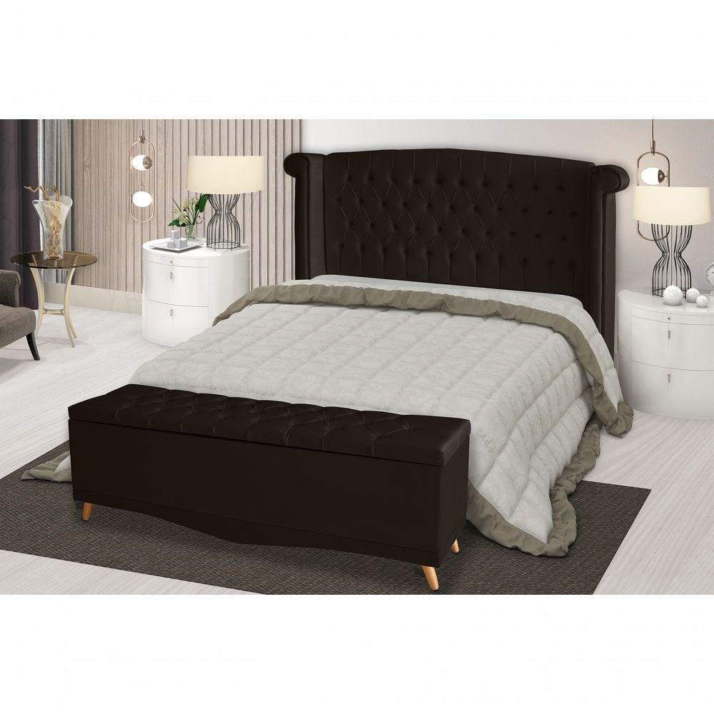 Kit Cabeceira De Cama Box E Calçadeira Baú Luxo Queen 160 Cm Suede Marrom Do Lar Móveis - 2