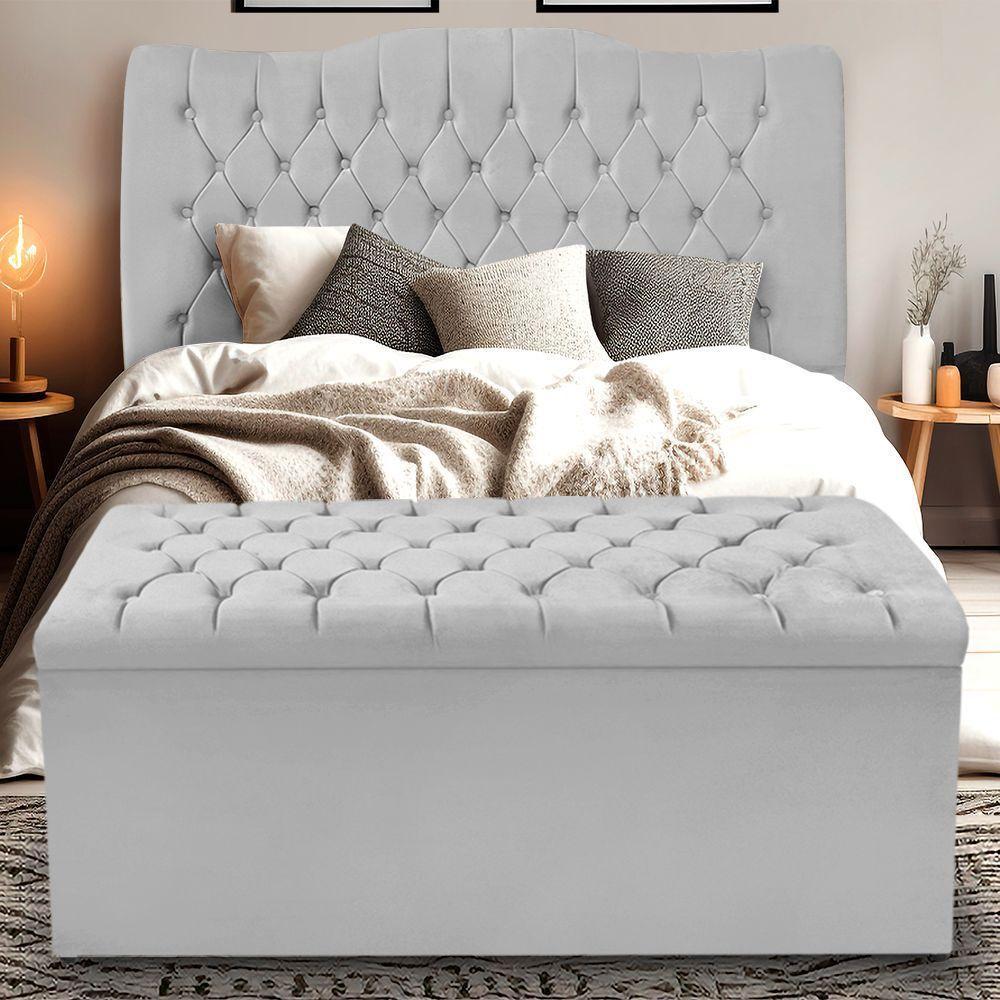 Kit Cabeceira E Calçadeira Baú Dunas Queen 160 Cm - Veludo Cinza - 1