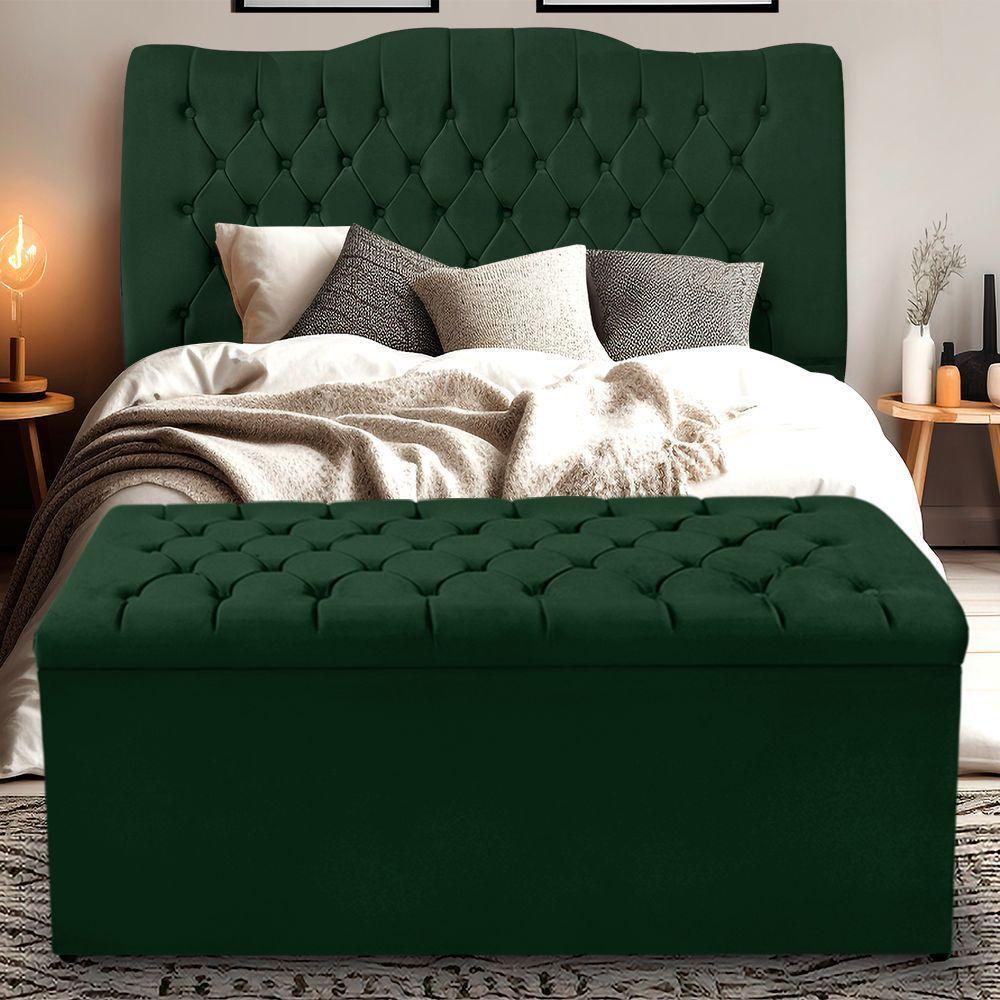 Kit Cabeceira E Calçadeira Baú Dunas Queen 160 Cm - Veludo Verde - 1