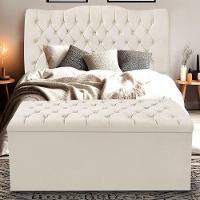 Kit Cabeceira E Calçadeira Baú Dunas Queen 160 Cm - Veludo Bege - 1