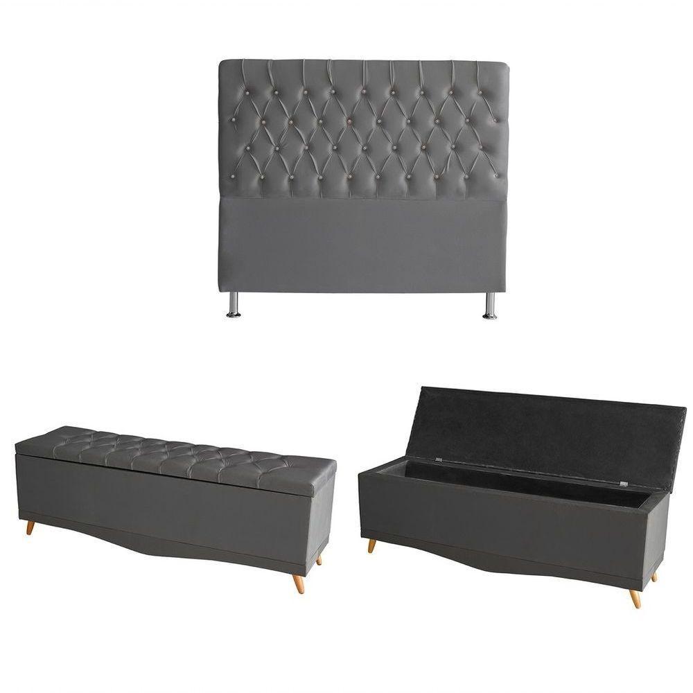 Kit Estrela Cabeceira De Cama Box E Calçadeira Baú Pés Palito Botão Cristal Casal 140 Cm Suede Grafite Do Lar Móveis - 1