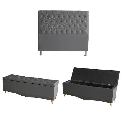 Kit Estrela Cabeceira De Cama Box E Calçadeira Baú Pés Palito Botão Cristal Casal 140 Cm Suede Grafite Do Lar Móveis