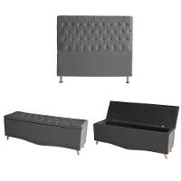 Kit Estrela Cabeceira De Cama Box E Calçadeira Baú Pés Palito Botão Cristal Casal 140 Cm Suede Grafite Do Lar Móveis - 1