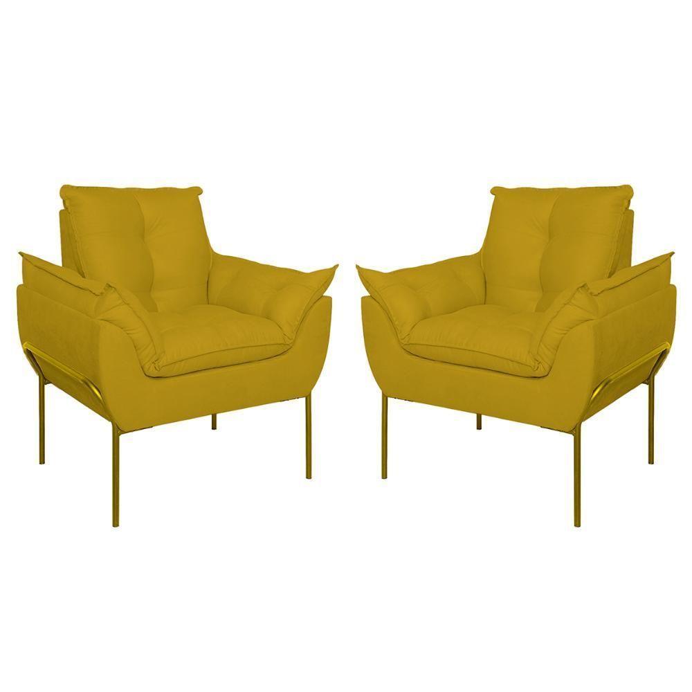 Kit 2 Poltronas Luxo Base Reforçada Metal Dourado Amarelo - 1