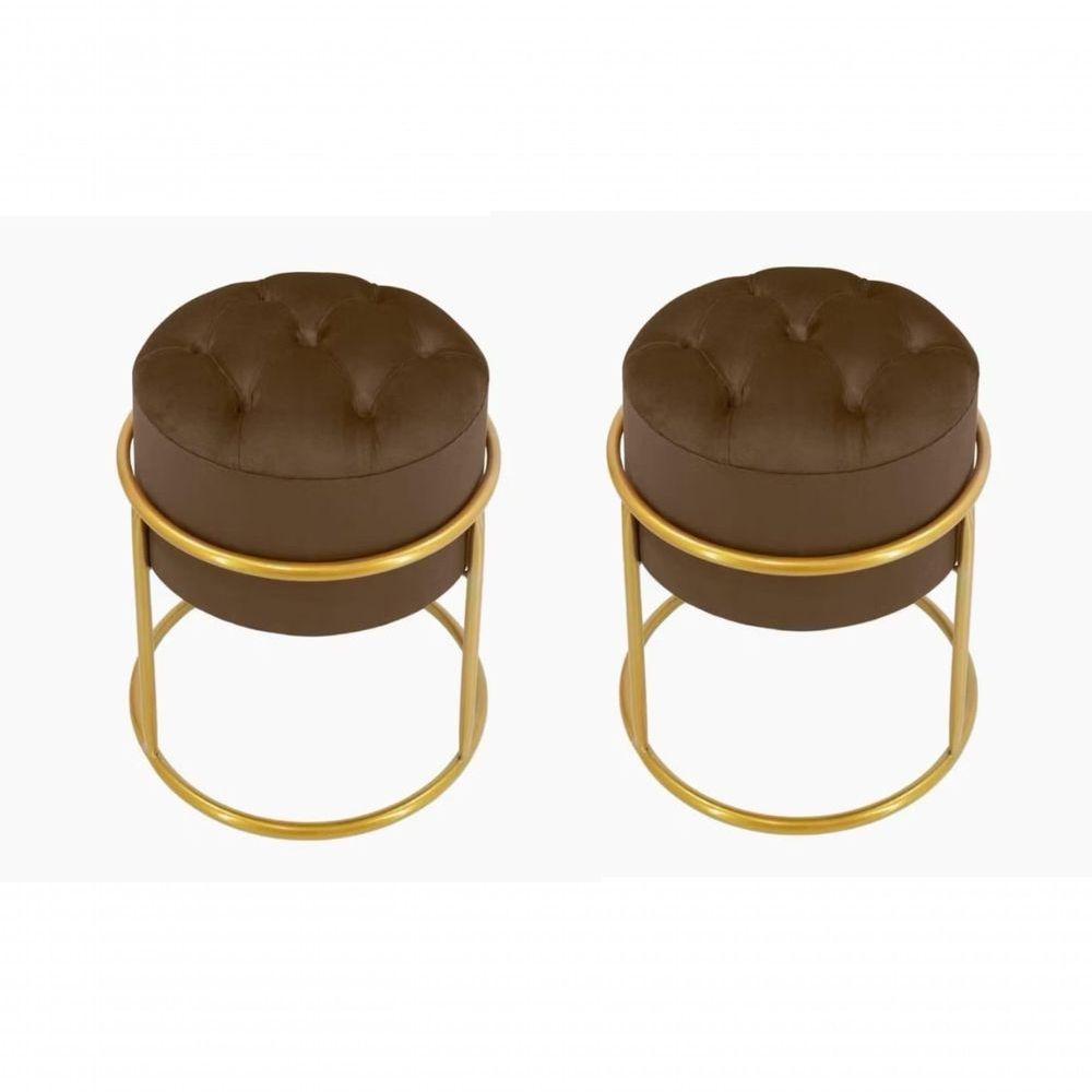 Kit 2 Puff Banqueta Estofado Decorativo Base De Ferro Capitonê Suede Marrom Do Lar Móveis E Decoração - 1
