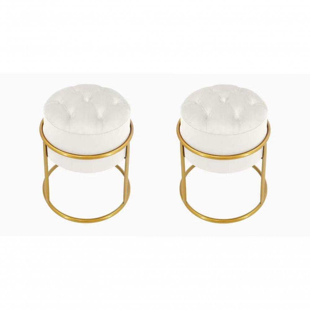 Kit 2 Puff Banqueta Estofado Decorativo Base De Ferro Capitonê Suede Off White Do Lar Móveis E Decoração - 1