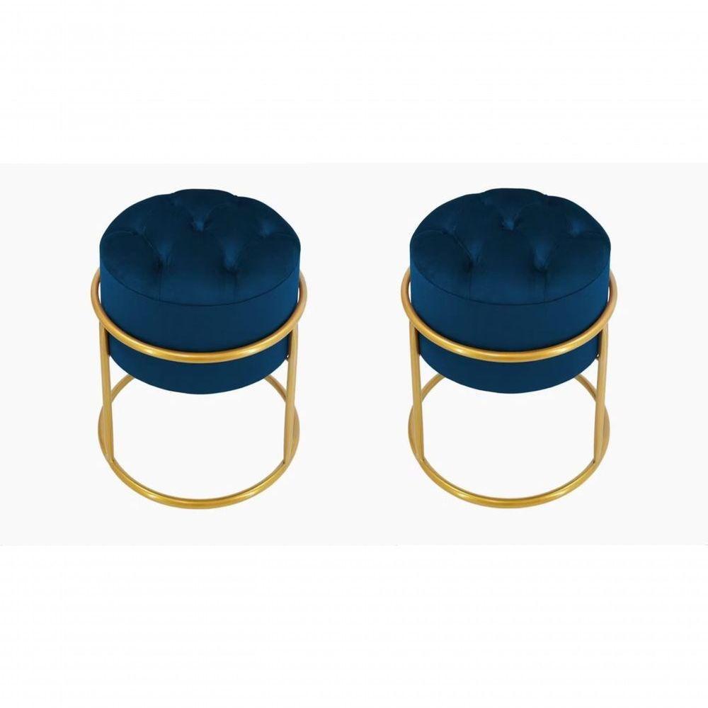 Kit 2 Puff Banqueta Estofado Decorativo Base De Ferro Capitonê Suede Azul Marinho Do Lar Móveis E Decoração - 1