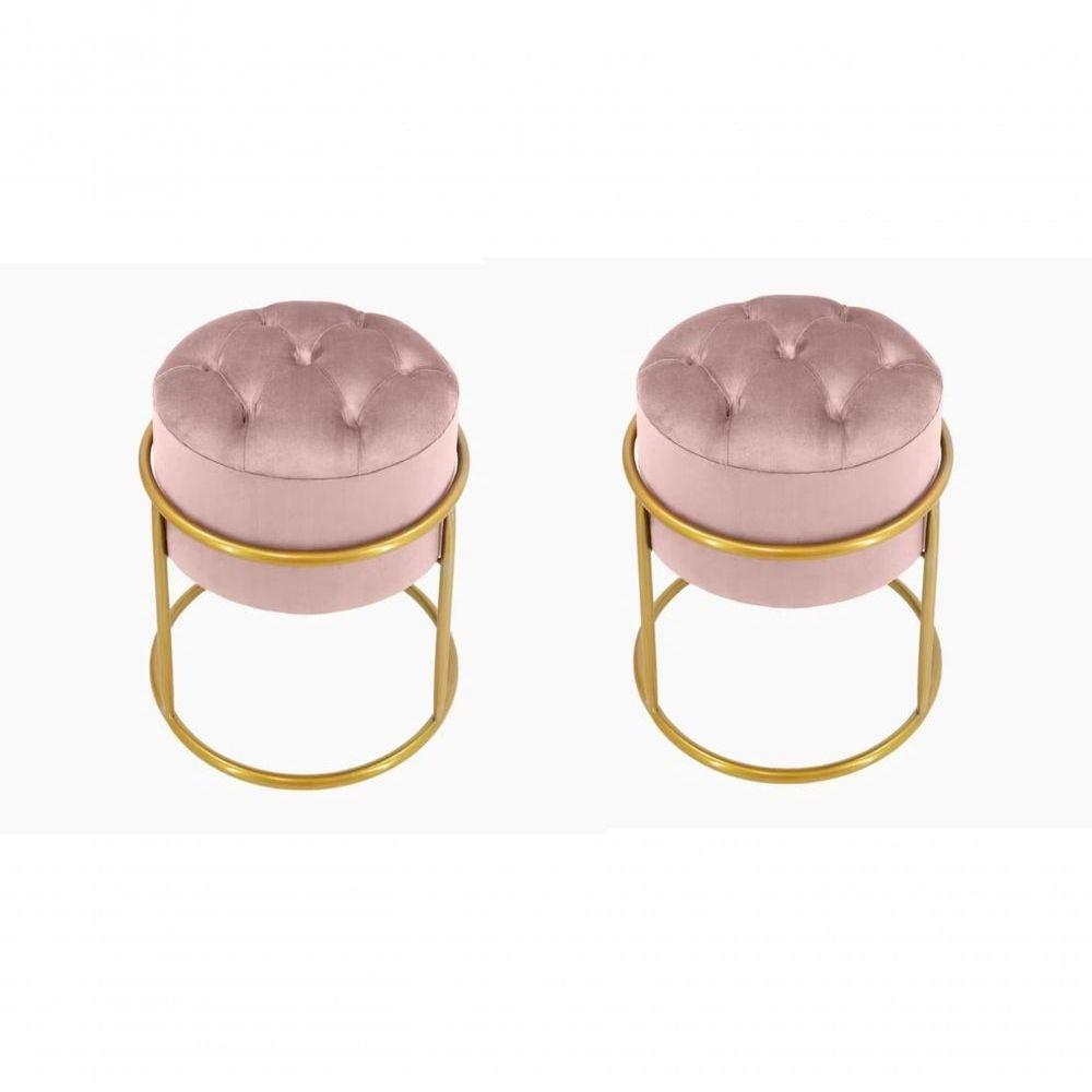 Kit 2 Puff Banqueta Estofado Decorativo Base De Ferro Capitonê Suede Rosa Do Lar Móveis E Decoração - 1
