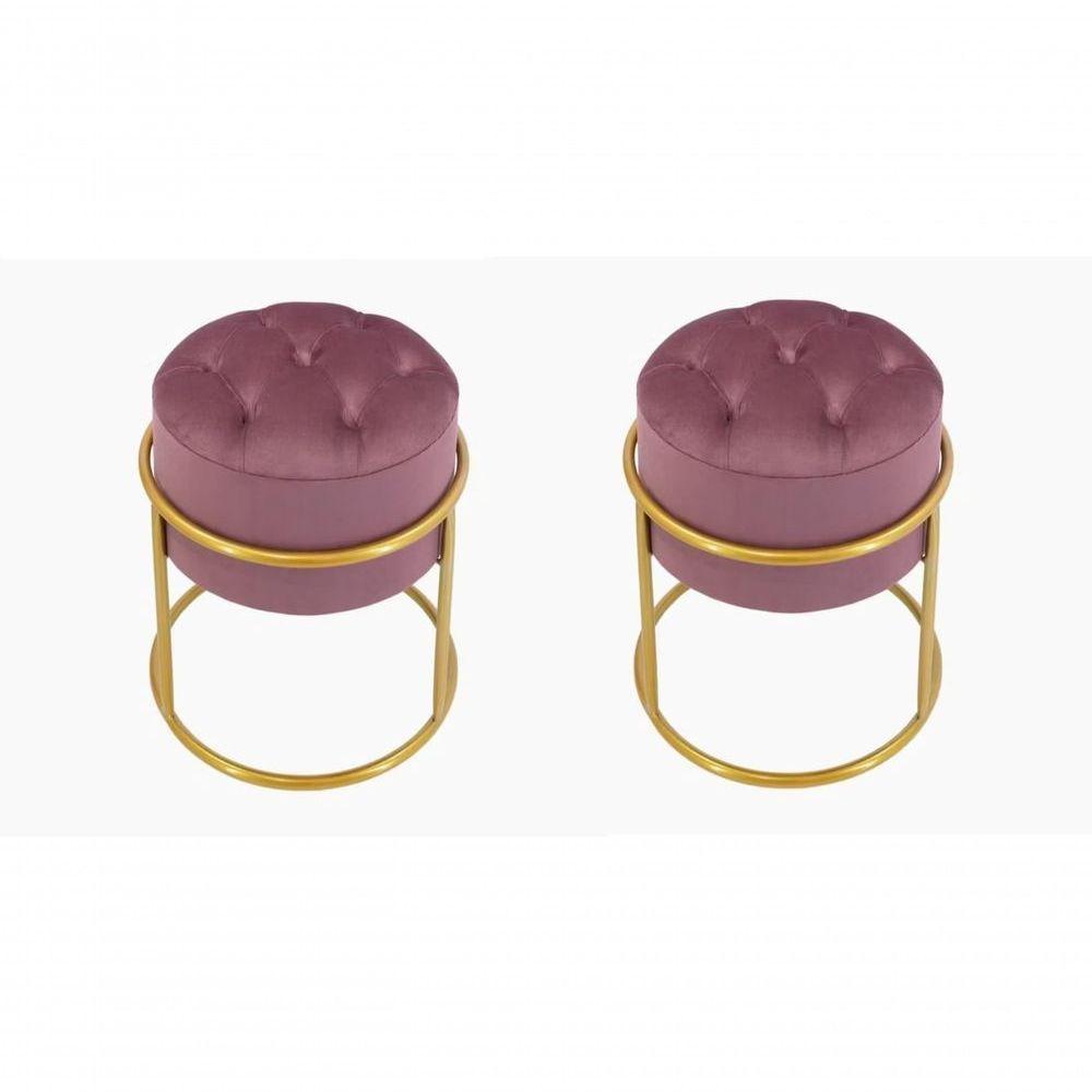 Kit 2 Puff Banqueta Estofado Decorativo Base De Ferro Capitonê Suede Rosê Do Lar Móveis E Decoração - 1