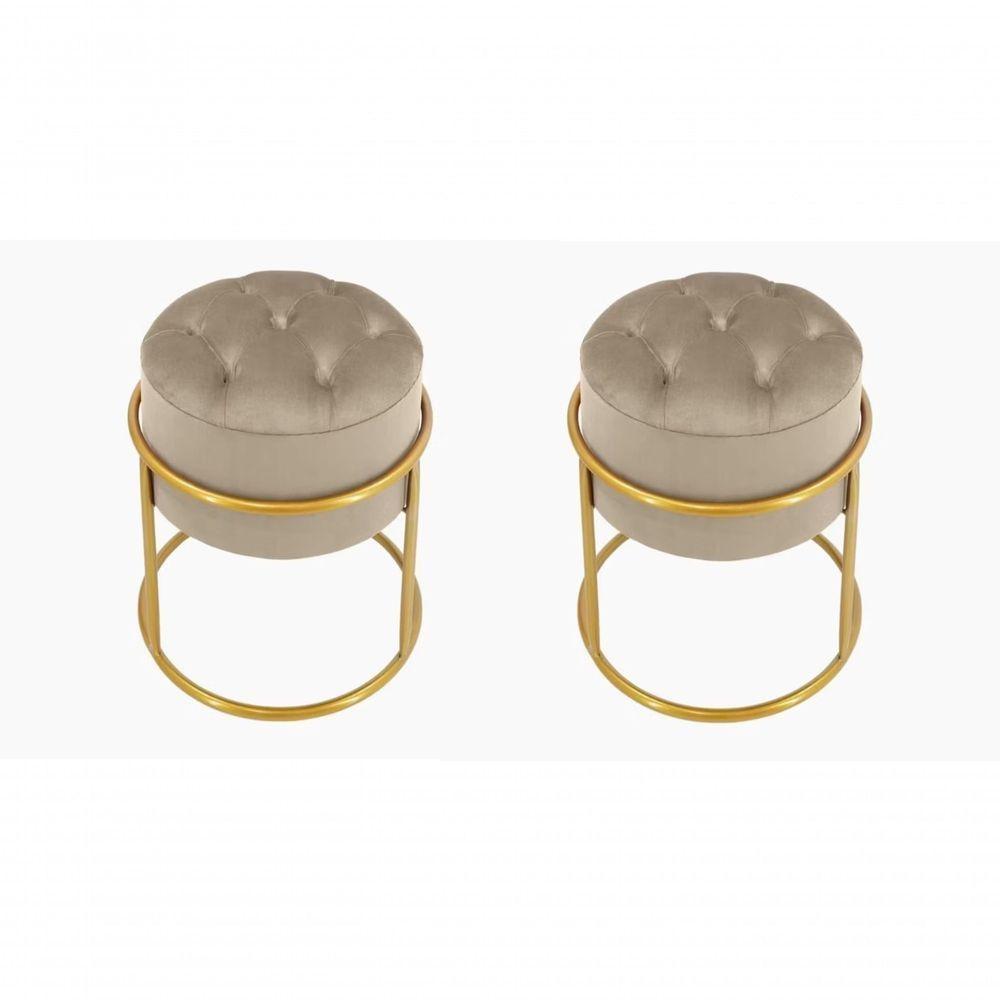 Kit 2 Puff Banqueta Estofado Decorativo Base De Ferro Capitonê Suede Bege Do Lar Móveis E Decoração - 1