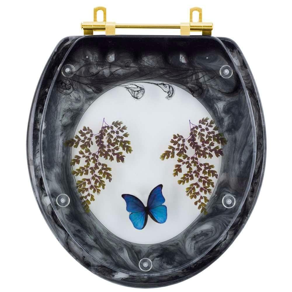 Assento Sanitário Decorado Oval Convencional Preto Com Borboleta Azul Com Ferragem Dourada - 1