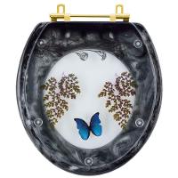 Assento Sanitário Decorado Oval Convencional Preto Com Borboleta Azul Com Ferragem Dourada - 1