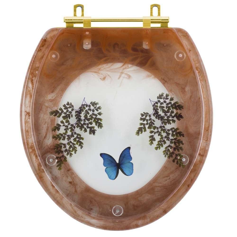 Assento Sanitário Decorado Oval Convencional Caramelo Com Borboleta Azul Com Ferragem Dourada - 1