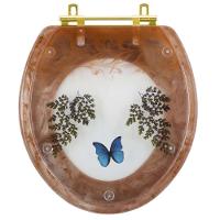 Assento Sanitário Decorado Oval Convencional Caramelo Com Borboleta Azul Com Ferragem Dourada - 1