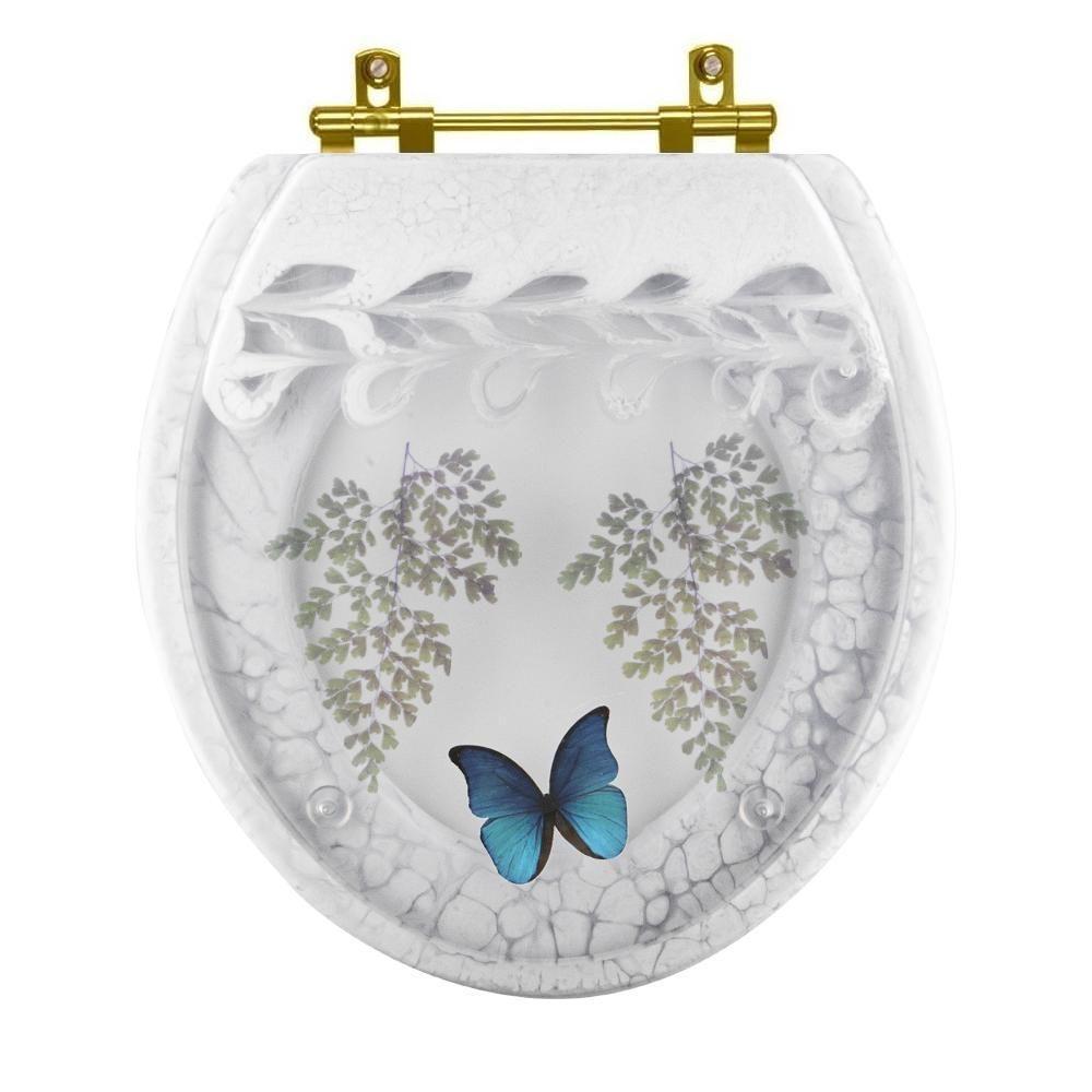 Assento Sanitário Decorado Oval Convencional Com Borboleta Azul Com Ferragem Dourada - 1