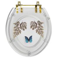 Assento Sanitário Decorado Oval Convencional Transparente Com Borboleta Azul Com Ferragem Dourada - 1
