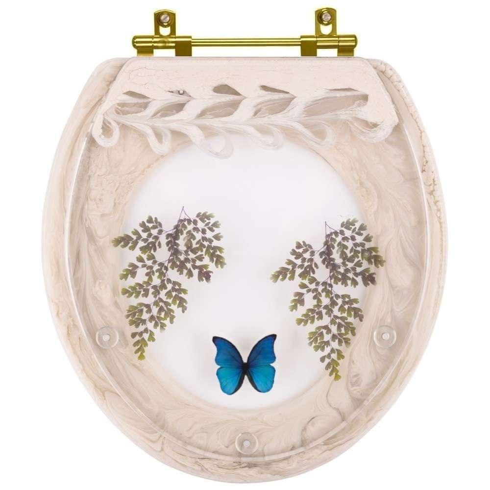 Assento Sanitário Decorado Oval Convencional Biscuit Com Borboleta Azul Com Ferragem Dourada - 1
