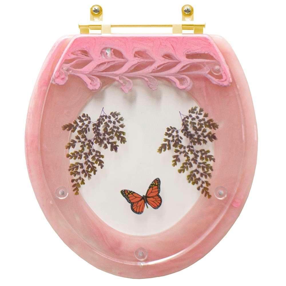 Assento Sanitário Poliester Decorado Oval Convencional Rosa Quartzo Avenca Com Borboleta Vermelha Com Ferragem Dourada - 1