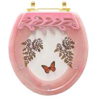 Assento Sanitário Poliester Decorado Oval Convencional Rosa Quartzo Avenca Com Borboleta Vermelha Com Ferragem Dourada - 1