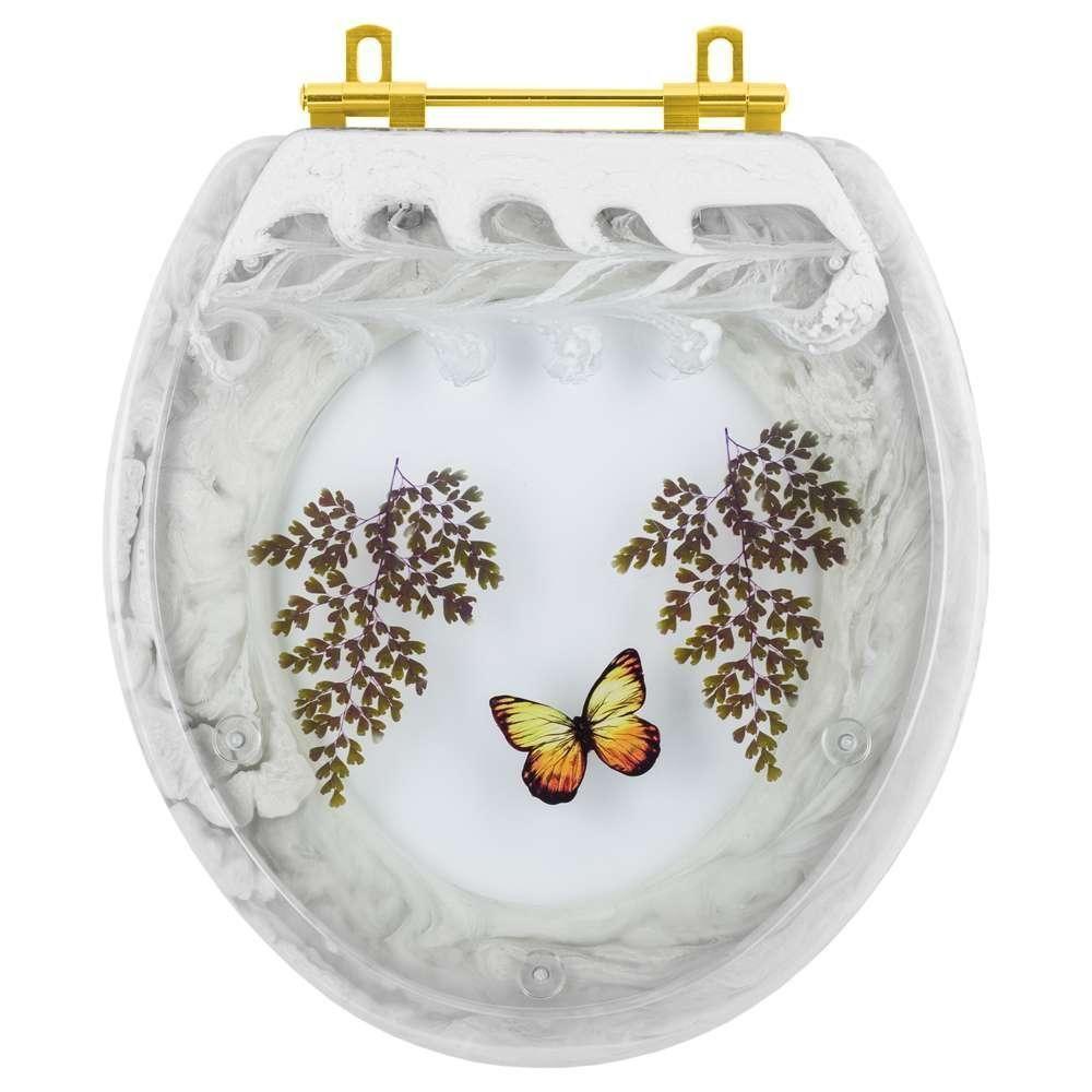 Assento Sanitário Poliester Oval Branco Decorado Borboleta Amarela Com Ferragem Dourada - 1