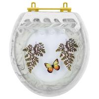 Assento Sanitário Poliester Oval Branco Decorado Borboleta Amarela Com Ferragem Dourada - 1