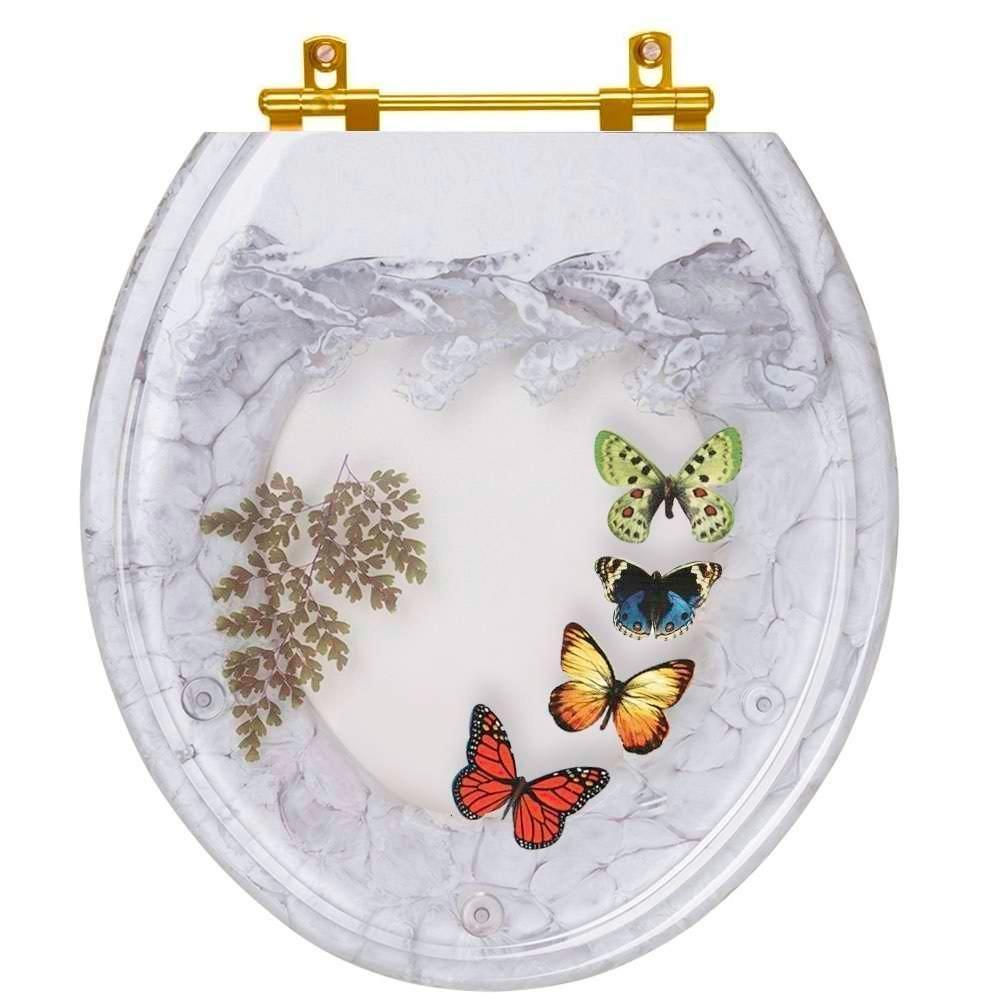 Assento Sanitário Poliester Oval Branco Decorado Borboletas Com Ferragem Dourada - 1