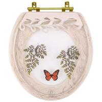 Assento Sanitário Poliester Decorado Oval Convencional Biscuit Avenca Com Borboleta Vermelha Com Ferragem Dourada - 1