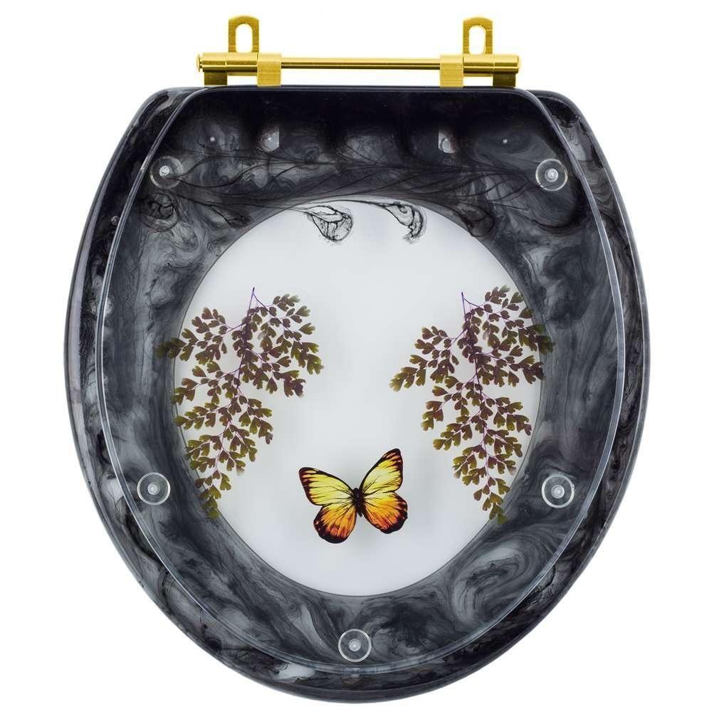 Assento Sanitário Poliester Oval Preto Decorado Borboleta Amarela Com Ferragem Dourada - 1