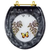 Assento Sanitário Poliester Oval Preto Decorado Borboleta Amarela Com Ferragem Dourada - 1