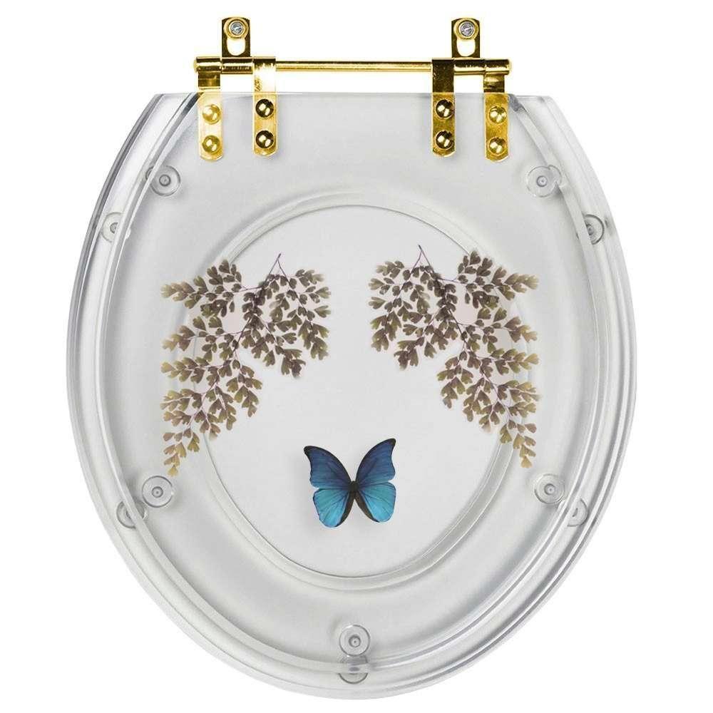 Assento Sanitário Poliester Oval Transparente Decorado Borboleta Azul Com Ferragem Dourada - 1