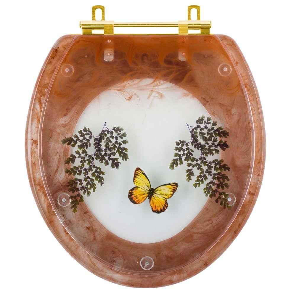 Assento Sanitário Poliester Oval Caramelo Decorado Borboleta Amarela Com Ferragem Dourada - 1