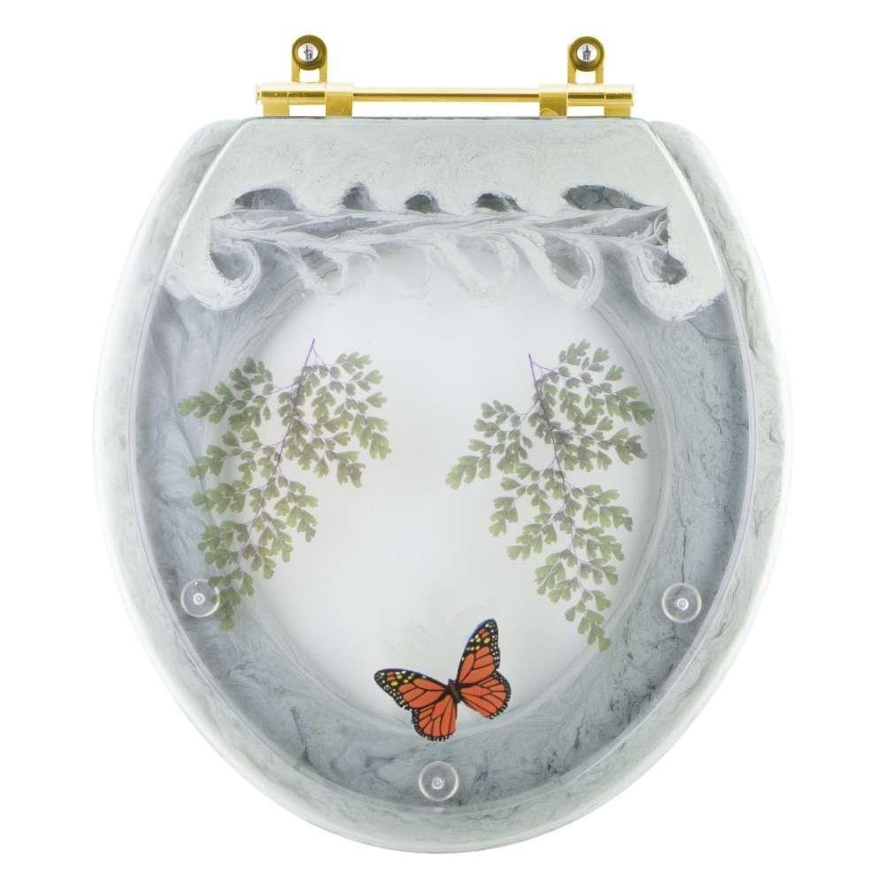 Assento Sanitário Poliester Decorado Oval Convencional Verde Agua Avenca Com Borboleta Vermelha Com Ferragem Dourada - 1