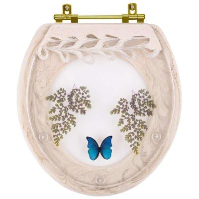 Assento Sanitário Poliester Oval Bege Claro Decorado Borboleta Azul Com Ferragem Dourada