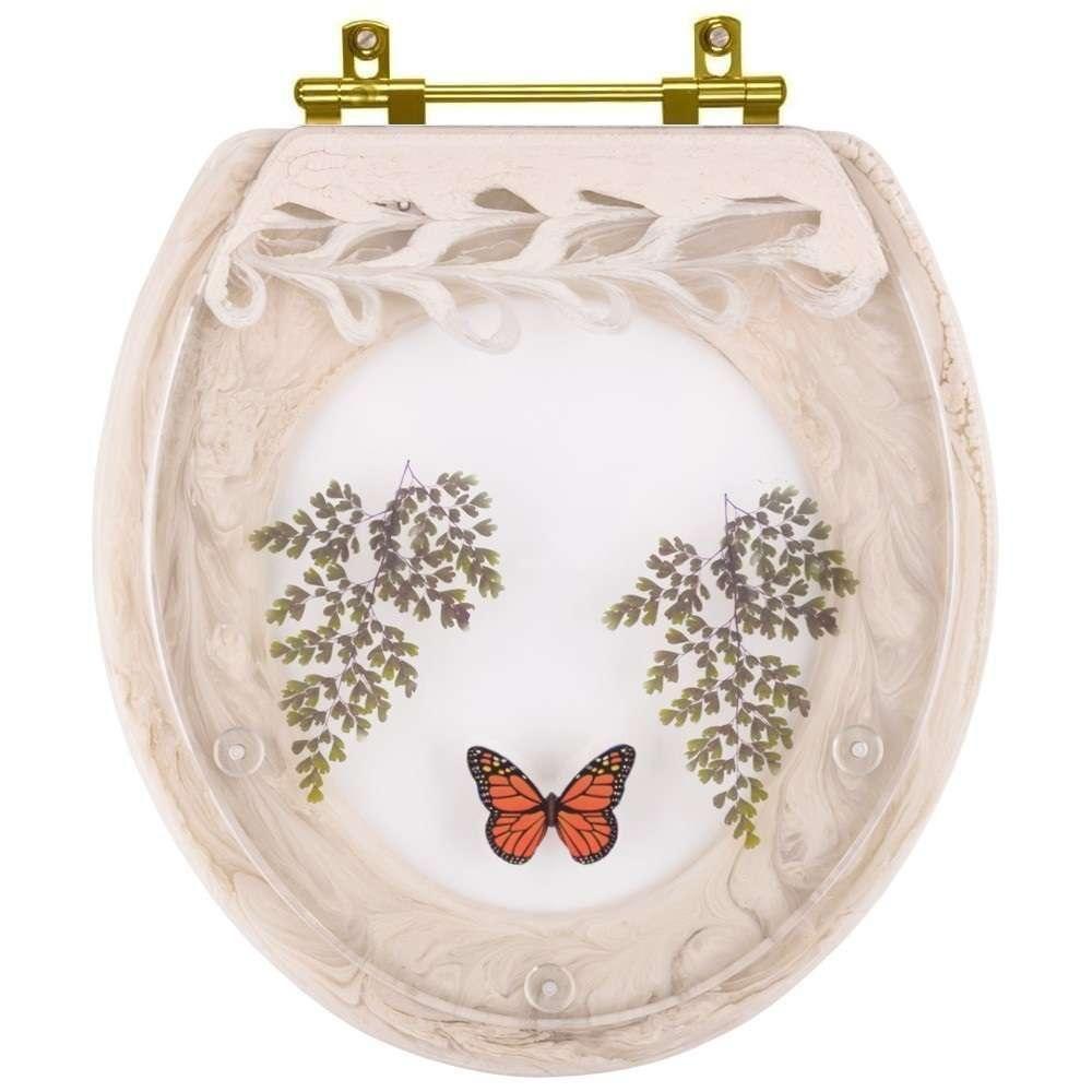 Assento Sanitário Poliester Decorado Oval Convencional Bege Claro Avenca Com Borboleta Vermelha Com Ferragem Dourada - 1