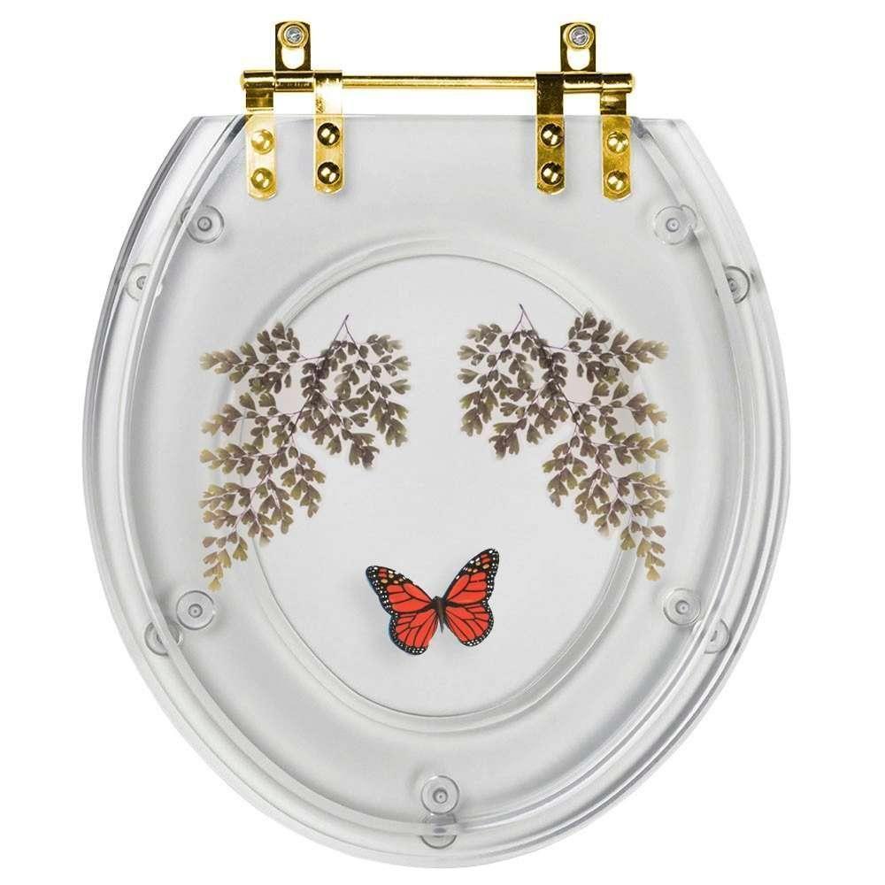 Assento Sanitário Poliester Decorado Oval Transparente Avenca Com Borboleta Vermelha Com Ferragem Dourada - 1