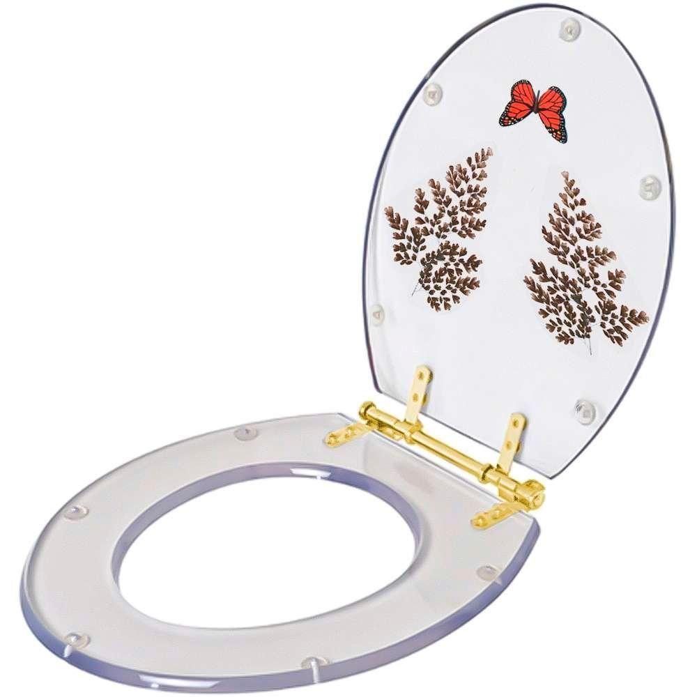Assento Sanitário Poliester Decorado Oval Transparente Avenca Com Borboleta Vermelha Com Ferragem Dourada - 6
