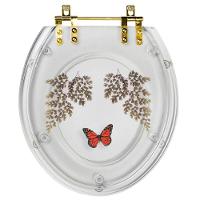 Assento Sanitário Poliester Decorado Oval Transparente Avenca Com Borboleta Vermelha Com Ferragem Dourada - 1