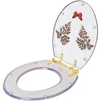 Assento Sanitário Poliester Decorado Oval Transparente Avenca Com Borboleta Vermelha Com Ferragem Dourada - 6