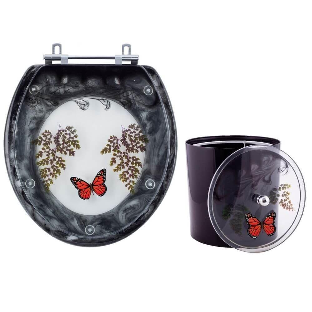 Tampa De Vaso E Lixeira Decorada Preto Com Borboleta Vermelha - 1